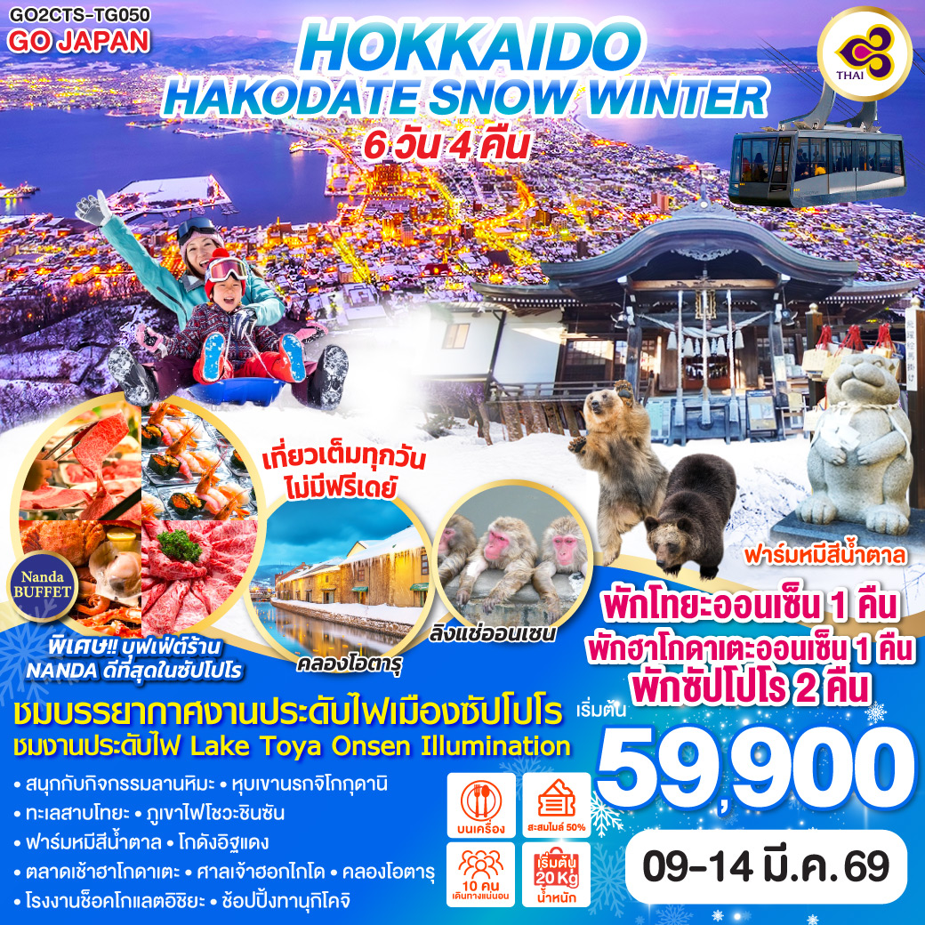 QQGO2CTS-TG050 HOKKAIDO HAKODATE SNOW WINTER  6D 4N โดยสายการบินไทย [TG]