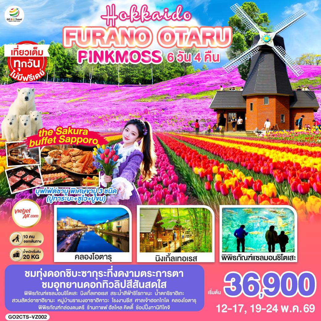 ไฮไลท์ทัวร์-Highlight
 ชมทุ่งดอกชิบะซากุระที่งดงามตระการตา - ชมอุทยานดอกทิวลิปสีสันสดใส - พิพิธภัณฑ์แซลมอนชิโตเสะ - นิงเกิ้ลเทอเรส –สระน้ำสีฟ้าชิโรกาเนะ – น้ำตกชิราฮิเกะ -วนสัตว์อาซาฮิยามะ – หมู่บ้านราเมงอาซาฮิคาวะ - โรงงานชีส - ศาลเจ้าฮอกไกโด - คลองโอตารุ – พิพิธภัณฑ์กล่องดนตรี - ร้านกาแฟ ฮัลโหล คิตตี้ - ช้อปปิ้งทานิกิโคจิ-  - เที่ยวเต็มทุกวันไม่มีฟรีเดย์ - บุฟเฟ่ต์ชาบู พิเศษขาปู 3 ชนิด ( ปูทาระบะ+ซูไว+ปูขน)