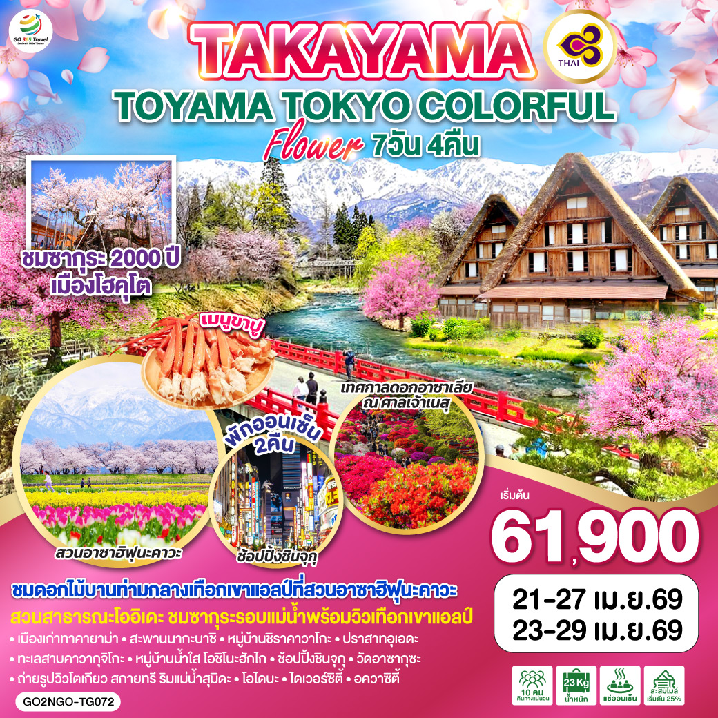 QQGO2NGO-TG072 TAKAYAMA TOYAMA TOKYO COLORFUL FLOWER 7D 4N โดยสายการบินไทย [TG]