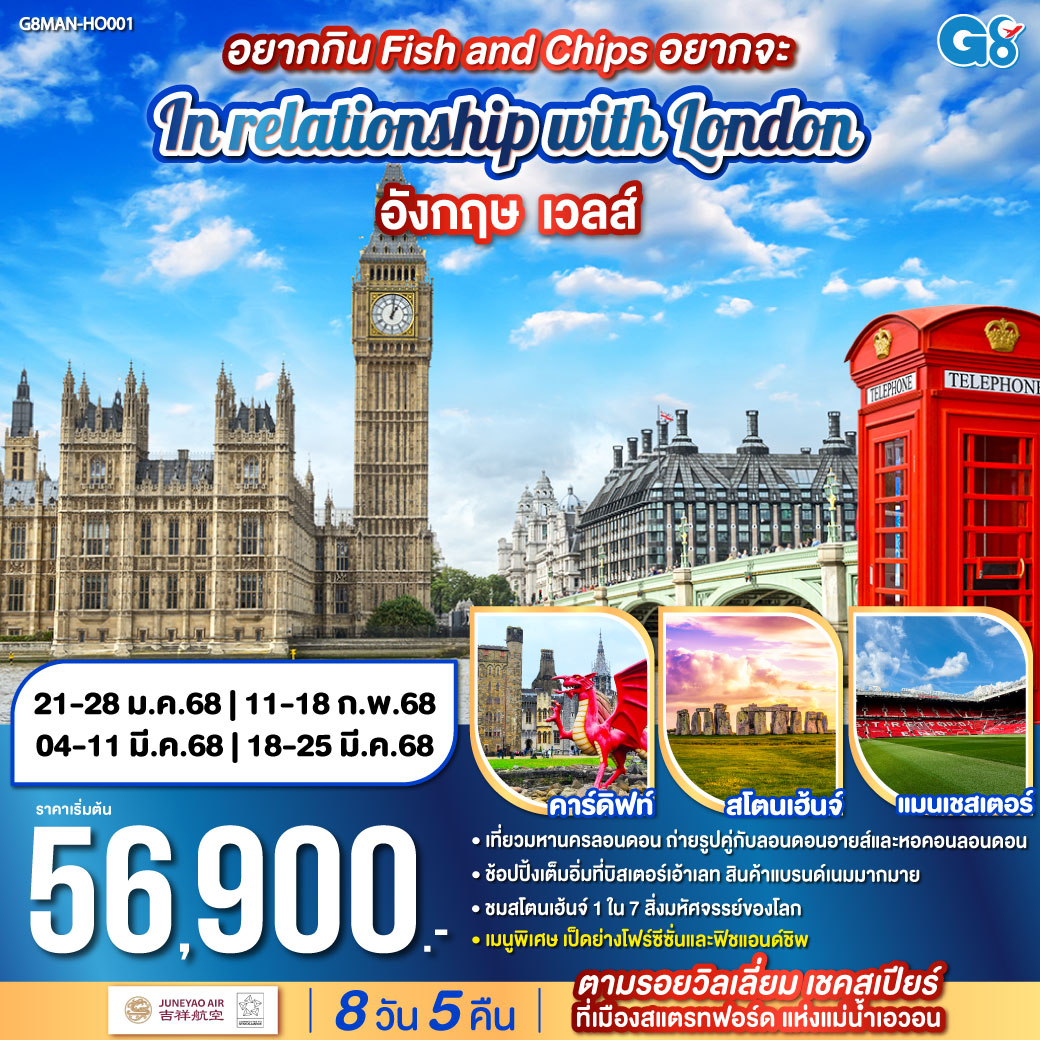 แมนเชสเตอร์ – ลิเวอร์พูล - เบอร์มิงแฮม - คาร์ดิฟท์ - บริสตอล - บาธ – โรงอาบน้ำโรมัน – เสาหินสโตนเฮ้นจ์ - ลอนดอน – มหาวิหารเวสท์มินส์เตอร์ – หอคอยลอนดอน - สะพานหอคอย – ย่านไนท์บริดจ์ - ห้างแฮร์รอดส์ - บิสเตอร์เอ๊าท์เลท -  เมืองสแตรทฟอร์ด