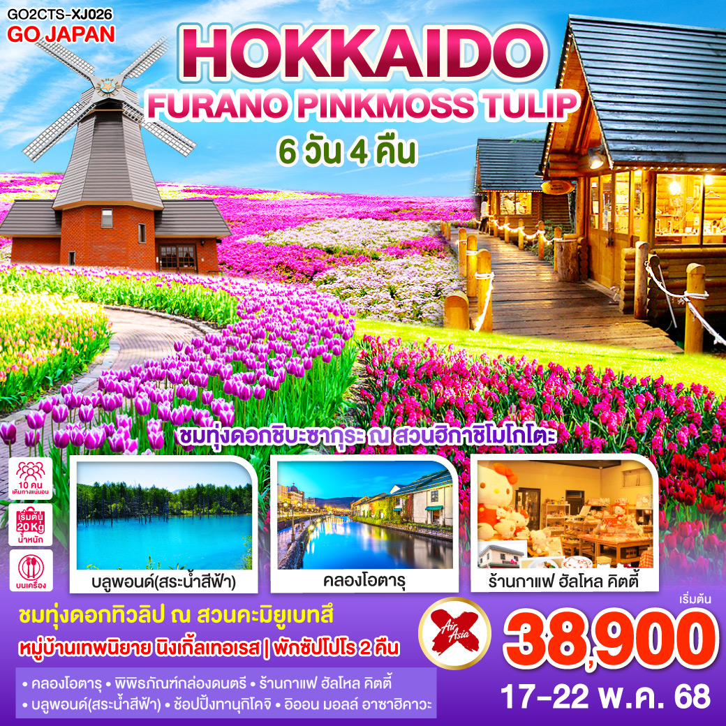 ไฮไลท์ทัวร์-Highlight
ชมทุ่งดอกชิบะซากุระ( PINK MOSS) ณ สวนฮิกาชิโมโกโตะ - ชมดอกทิวลิป ณ สวนคะมิยูเบทสึ - หมู่บ้านเทพนิยาย นิงเกิ้ลเทอเรส - คลองโอตารุ -พิพิธภัณฑ์กล่องดนตรี - ร้านกาแฟ ฮัลโหล คิตตี้ - บลูพอนด์(สระน้ำสีฟ้า) - ช้อปปิ้งทานุกิโคจิ - อิออน มอลล์ อาซาฮิคาวะ - พักซัปโปโร 2 คืน