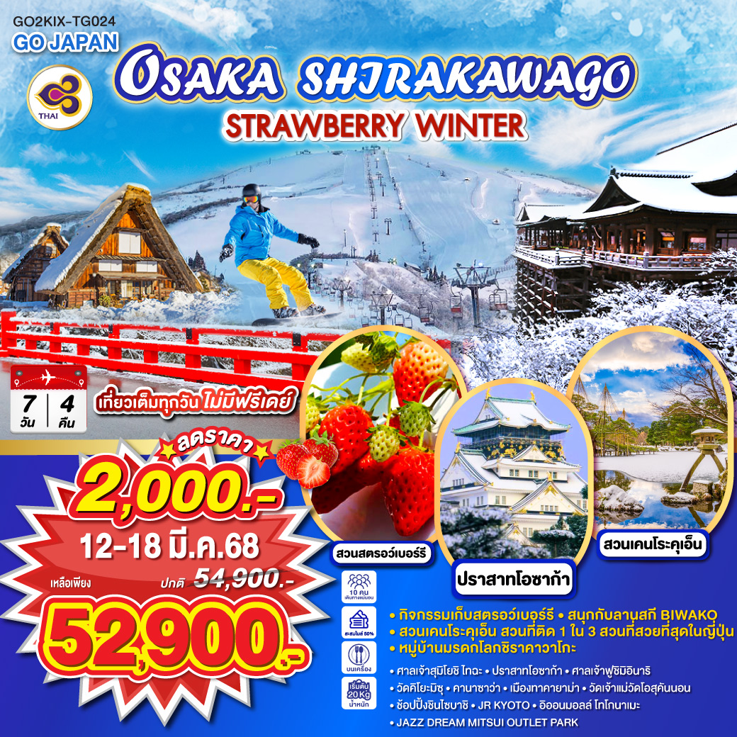 OSAKA SHIRAKAWAGO STRAWBERRY WINTER 7D 4N โดยสายการบินไทย [TG]