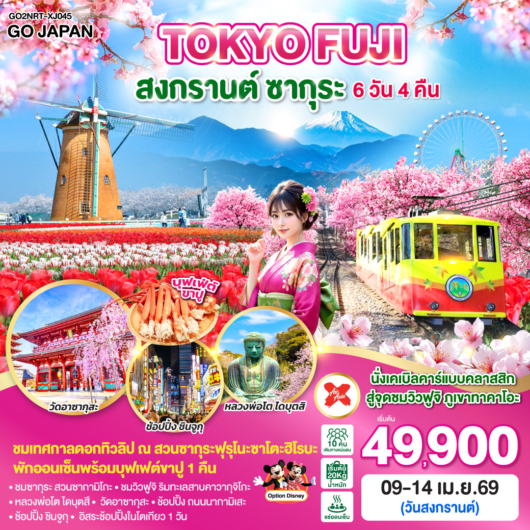 ไฮไลท์ทัวร์-Highlight
นั่งเคเบิลคาร์แบบคลาสสิก สู่จุดชมวิวฟูจิ ภูเขาทาคาโอะ – ชมเทศกาลดอกทิวลิป ณ สวนซากุระฟุรุโนะซาโตะฮิโรบะ – ชมซากุระ สวนซากามิโกะ – ชมวิวฟูจิ ริมทะเลสาบคาวากุจิโกะ – หลวงพ่อโต ไดบุตสึ – วัดอาซากุสะ – ช้อปปิ้ง ถนนนากามิเสะ – ช้อปปิ้ง ชินจูกุ – อิสระช้อปปิ้งในโตเกียว 1 วัน  – พักออนเซ็นพร้อมบุฟเฟต์ขาปู 1 คืน