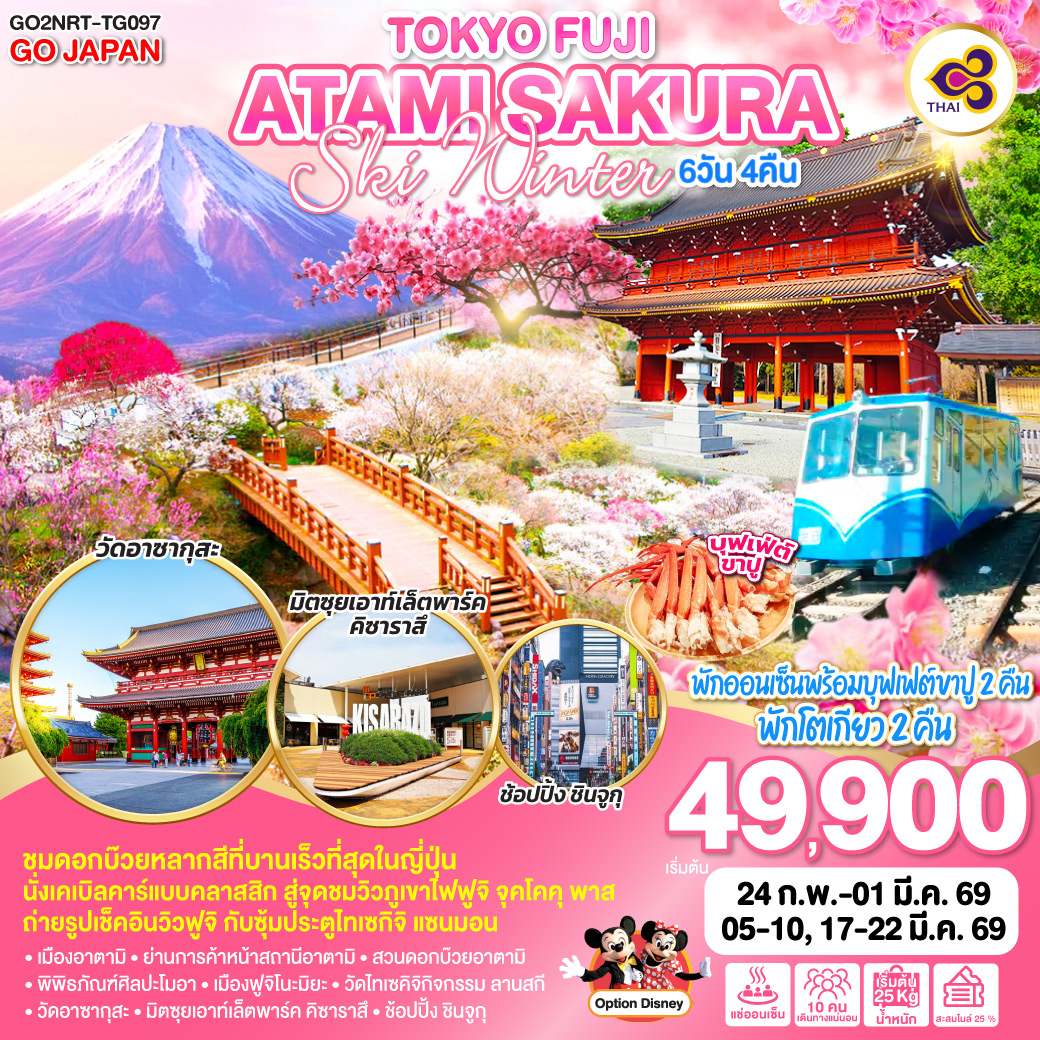 ชมดอกบ๊วยหลากสีที่บานเร็วที่สุดในญี่ปุ่น – นั่งเคเบิลคาร์แบบคลาสสิก สู่จุดชมวิวภูเขาไฟฟูจิ จุคโคคุ พาส – ถ่ายรูปเช็คอินวิวฟูจอ กับซุ้มประตูไทเซกิจิ แซนมอน  – พักออนเซ็นพร้อมบุฟเฟต์ขาปู 2 คืน / พักโตเกียว 2 คืน – เมืองอาตามิ – ย่านการค้าหน้าสถานีอาตามิ - สวนดอกบ๊วยอาตามิ – พิพิธภัณฑ์ศิลปะโมอา – เมืองฟูจิโนะมิยะ – วัดไทเซคิจิกิจกรรม ลานสกี – วัดอาซากุสะ – มิตซุยเอาท์เล็ตพาร์ค คิซาราสึ – ช้อปปิ้ง ชินจูกุ