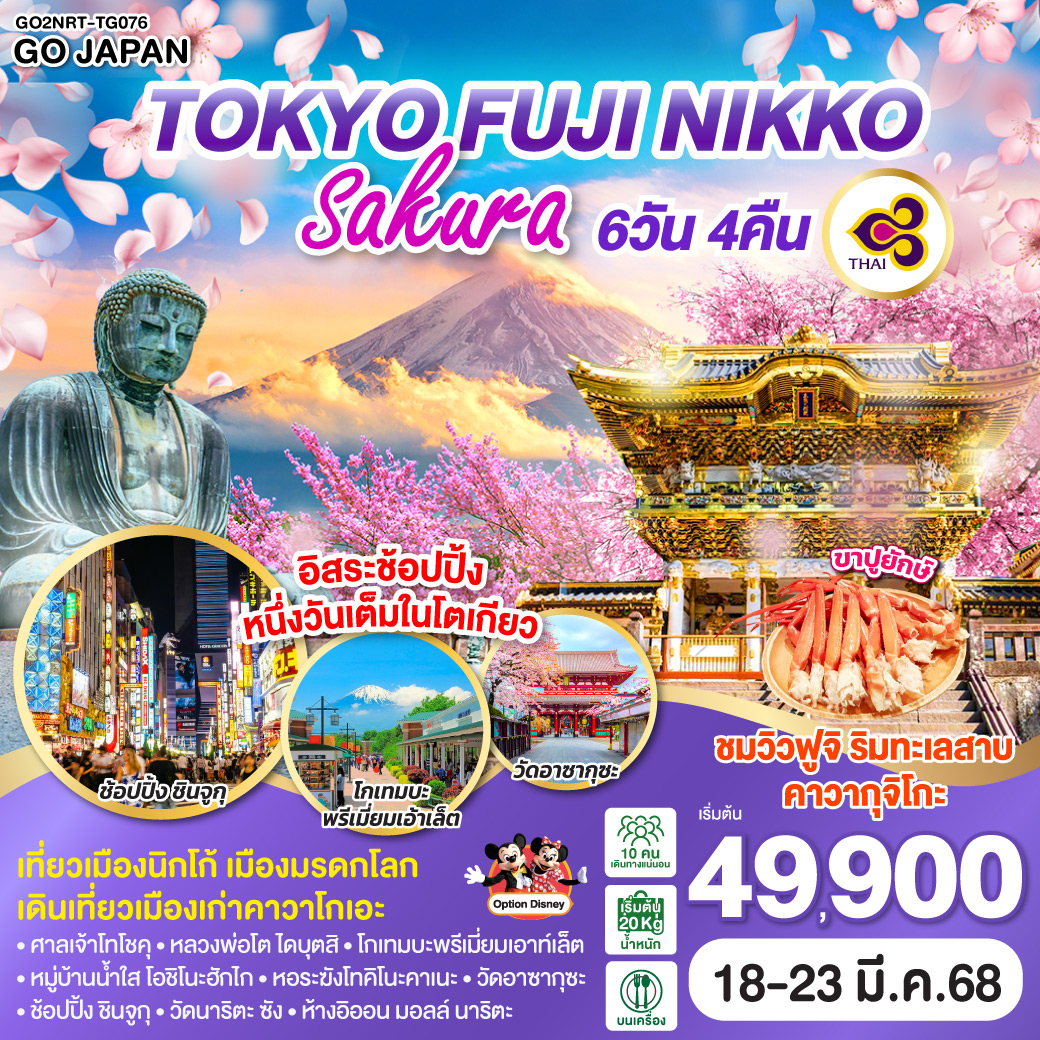 ไฮไลท์ทัวร์-Highlight
“เที่ยวเมืองนิกโก้ เมืองมรดกโลก
ชมวิวฟูจิ ริมทะเลสาบคาวากุจิโกะ
ลิตเติลเอโดะ คาวาโกเอะ
อิสระท่องเที่ยว ช้อปปิ้งหนึ่งวันเต็มในโตเกียว
ศาลเจ้าโทโชคุ – หลวงพ่อโต ไดบุตสิ – โกเทมบะพรีเมี่ยมเอ้าเล็ต - หมู่บ้านน้ำใส โอชิโนะฮักไก – หอระฆังโทคิโนะคาเนะ – 
วัดอาซากุซะ – ช้อปปิ้ง ชินจูกุ - วัดนาริตะ ซัง – ห้างอิออน มอลล์ นาริตะ