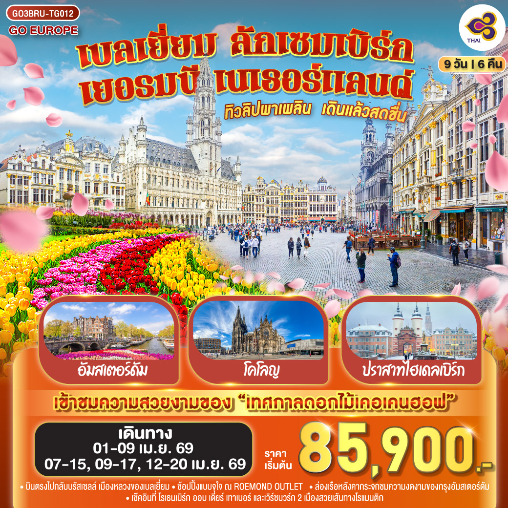 ทิวลิปพาเพลิน  เดินแล้วสดชื่น เบลเยี่ยม ลักเซมเบิร์ก เยอรมนี เนเธอร์แลนด์ 9 วัน 6 คืน โดยสายการบินไทย (TG)