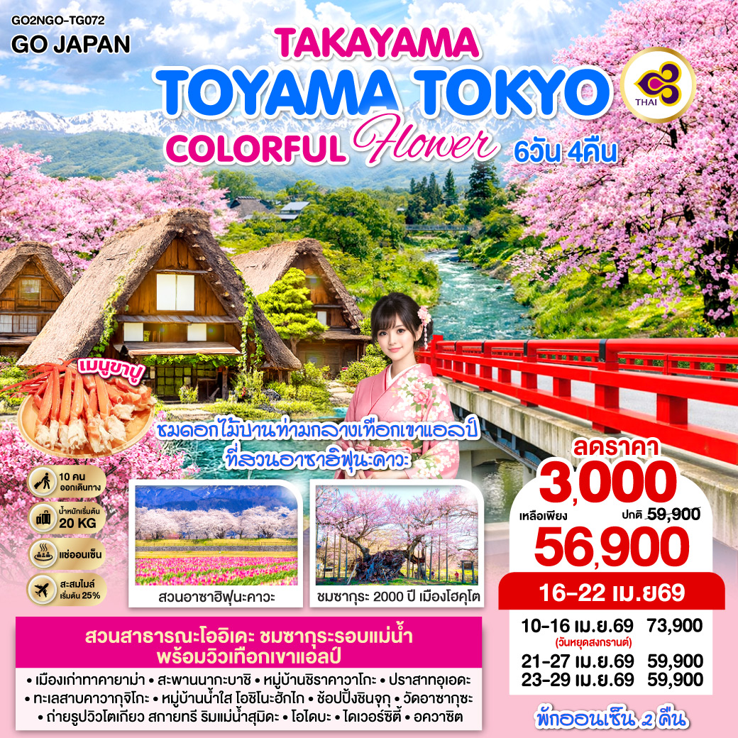 TAKAYAMA TOYAMA TOKYO COLORFUL FLOWER 7D 4N โดยสายการบินไทย [TG]
