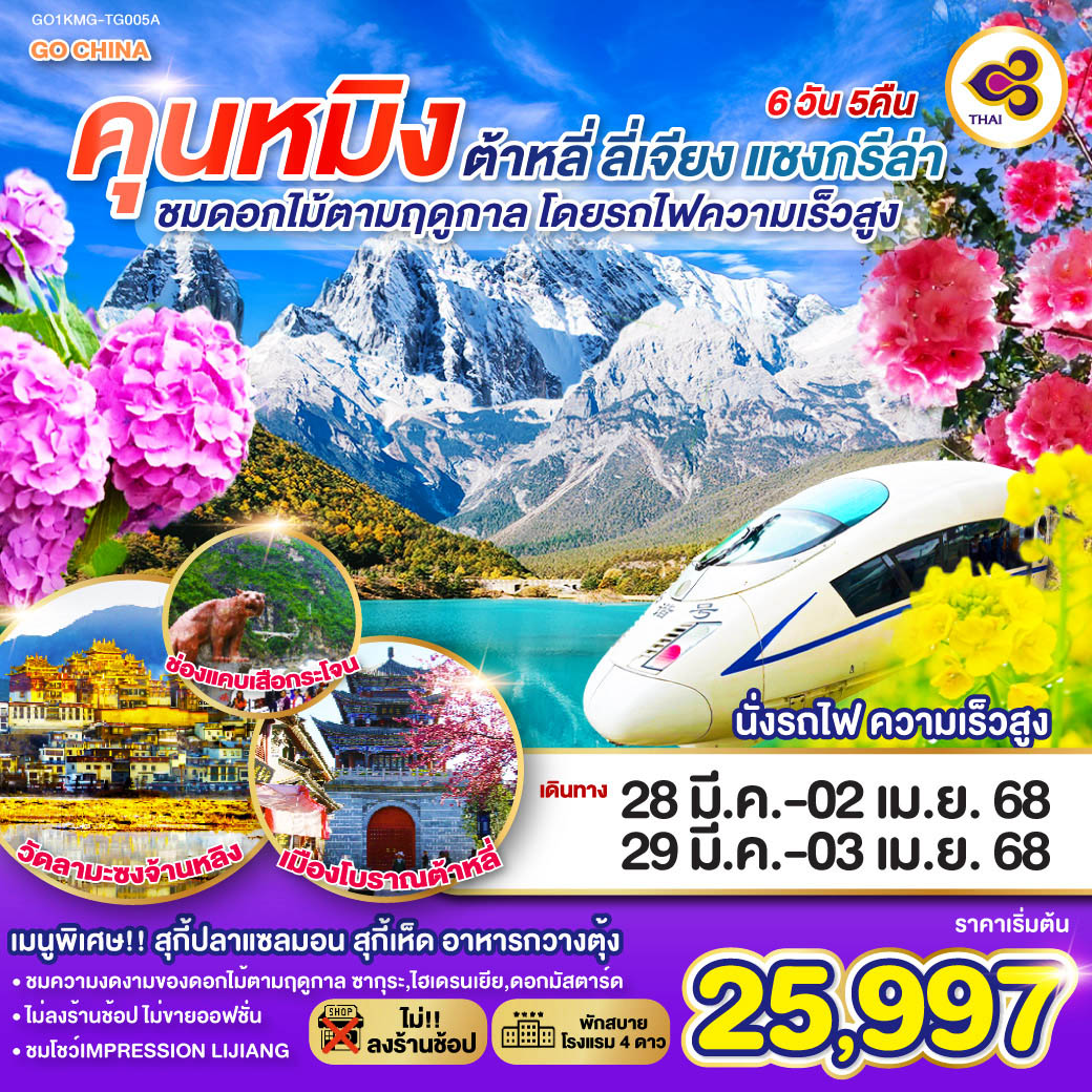 กรุงเทพฯ (สนามบินสุวรรณภูมิ) – คุนหมิง (TG612 : 10.55-14.05) – ต้าหลี่-นั่งรถม้า+ชมโค้ง S ทะเลสาบเอ๋อร์ไห่ -วัดเจ้าแม่กวนอิม เมืองโบราณต้าหลี่ -ผ่านชมเจดีย์สามองค์–- แชงกรีล่า-เมืองโบราณแชงกรีล่า+วัดต้าฝอ-วัดลามะซงจ้านหลิน-ธารน้ำขาว ไป๋สุ่ยไถ -ช่องแคบเสือกระโจน (รวมค่าบันไดเลื่อน)-ลี่เจียง-สระน้ำมังกรดำ-เมืองโบราณลี่เจียง-ภูเขาหิมะมังกรหยก (รวมกระเช้าใหญ่) – โชว์ IMPRESSION LIJIANG – หุบเขาสีน้ำเงิน (รวมรถราง) 
อุทยานน้ำหยก-ลี่เจียง– คุนหมิง(โดยรถไฟความเร็วสูง)-ชมดอกไม้ตามฤดูกาล ณ เมืองหยีเหลียง- คุนหมิง-วัดหยวนทง –อิสระช้อปปิ้งถนนหนานผิงเจี่ย+POP MART	 คุนหมิง – กรุงเทพ (สนามบินสุวรรณภูมิ)  (TG613 : 15.20 – 16.35)
