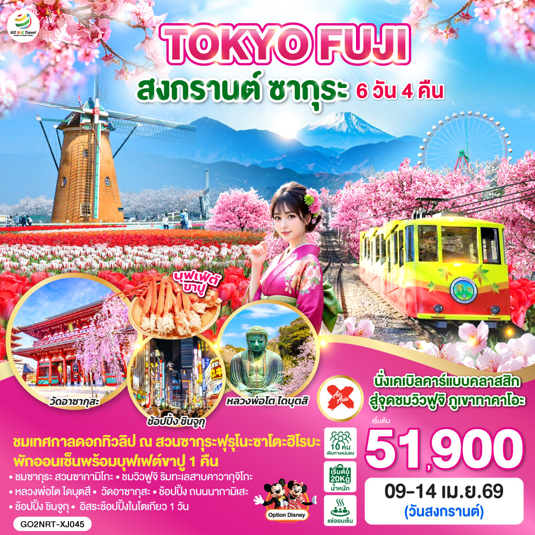 ไฮไลท์ทัวร์-Highlight
นั่งเคเบิลคาร์แบบคลาสสิก สู่จุดชมวิวฟูจิ ภูเขาทาคาโอะ – ชมเทศกาลดอกทิวลิป ณ สวนซากุระฟุรุโนะซาโตะฮิโรบะ – ชมซากุระ สวนซากามิโกะ – ชมวิวฟูจิ ริมทะเลสาบคาวากุจิโกะ – หลวงพ่อโต ไดบุตสึ – วัดอาซากุสะ – ช้อปปิ้ง ถนนนากามิเสะ – ช้อปปิ้ง ชินจูกุ – อิสระช้อปปิ้งในโตเกียว 1 วัน  – พักออนเซ็นพร้อมบุฟเฟต์ขาปู 1 คืน
