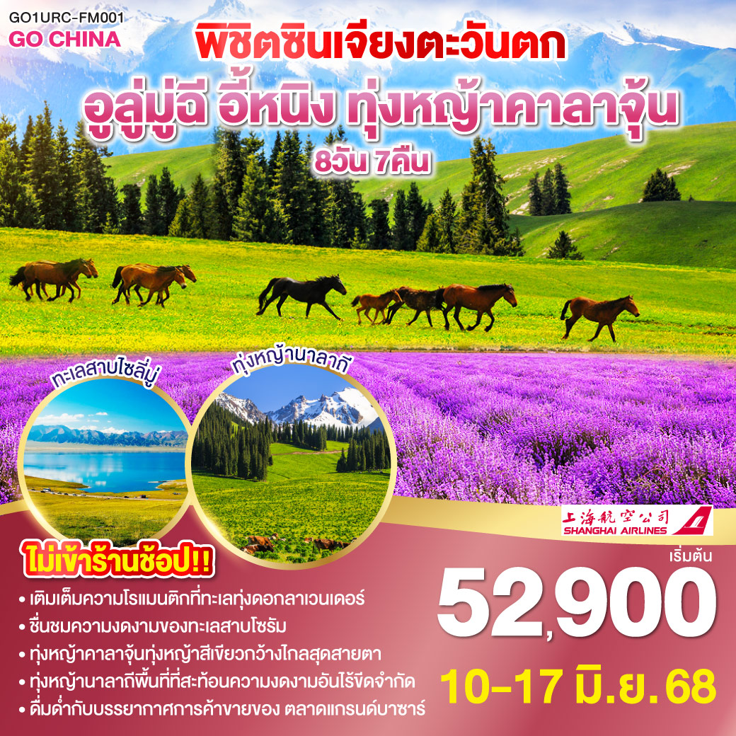 เติมเต็มความโรแมนติกที่ ทะเลทุ่งดอกลาเวนเดอร์ | ชื่นชมความงดงามของ ทะเลสาบโซรัม สะท้อนภาพสวรรค์บนผืนน้ำ | ทุ่งหญ้าคาลาจุ้น ทุ่งหญ้าสีเขียวกว้างไกลสุดสายตา ความงดงามที่ธรรมชาติบรรจงสร้าง | ทุ่งหญ้านาลาถี พื้นที่ที่สะท้อนความงดงามอันไร้ขีดจำกัดของธรรมชาติ | ดื่มด่ำกับบรรยากาศการค้าขายของ ตลาดแกรนด์บาซาร์ ที่ยิ่งใหญ่ที่สุดในภูมิภาค พิชิตซินเจียงตะวันตก อูลู่มู่ฉี อี้หนิง ทุ่งหญ้าคาลาจุ้น 8 วัน 7 คืน โดยการบิน เซี่ยงไฮ้ แอร์ไลน์ (FM)