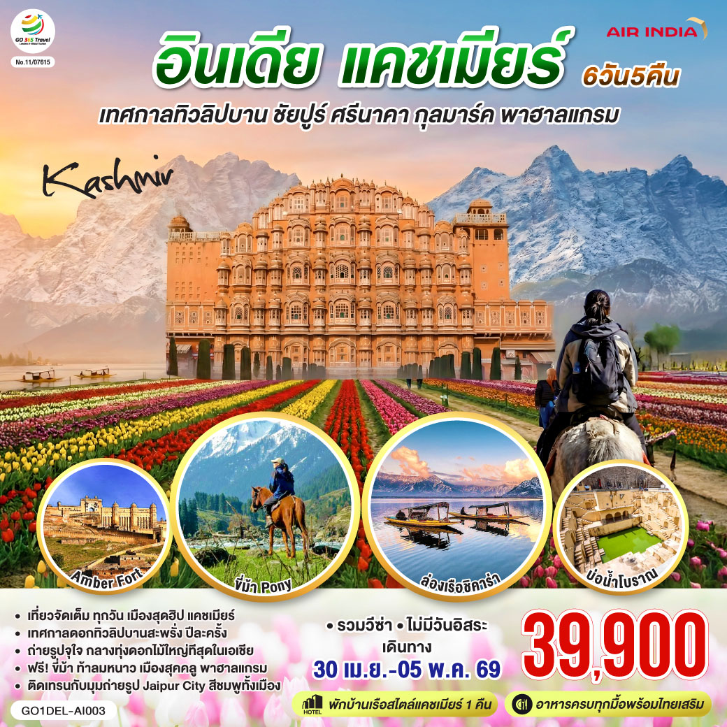 เที่ยวจัดเต็มทุกวัน เมืองสุดฮิป แคชเมียร์  เทศกาลดอกทิวลิปบานสะพรั่ง ปีละครั้ง I ถ่ายรูปจุใจ กลางทุ่งดอกไม้ใหญ่ทีสุดในเอเชีย I ฟรี! ขี่ม้า ท้าลมหนาว เมืองสุคคลู พาฮาลแกรม I ติดเทรนกับมุมถ่ายรูป Jaipur City สีชมพูทั้งเมือง I แคชเมียร์ - ศรีนาคา - กุลมาร์ค -  ประตูปาตริกา