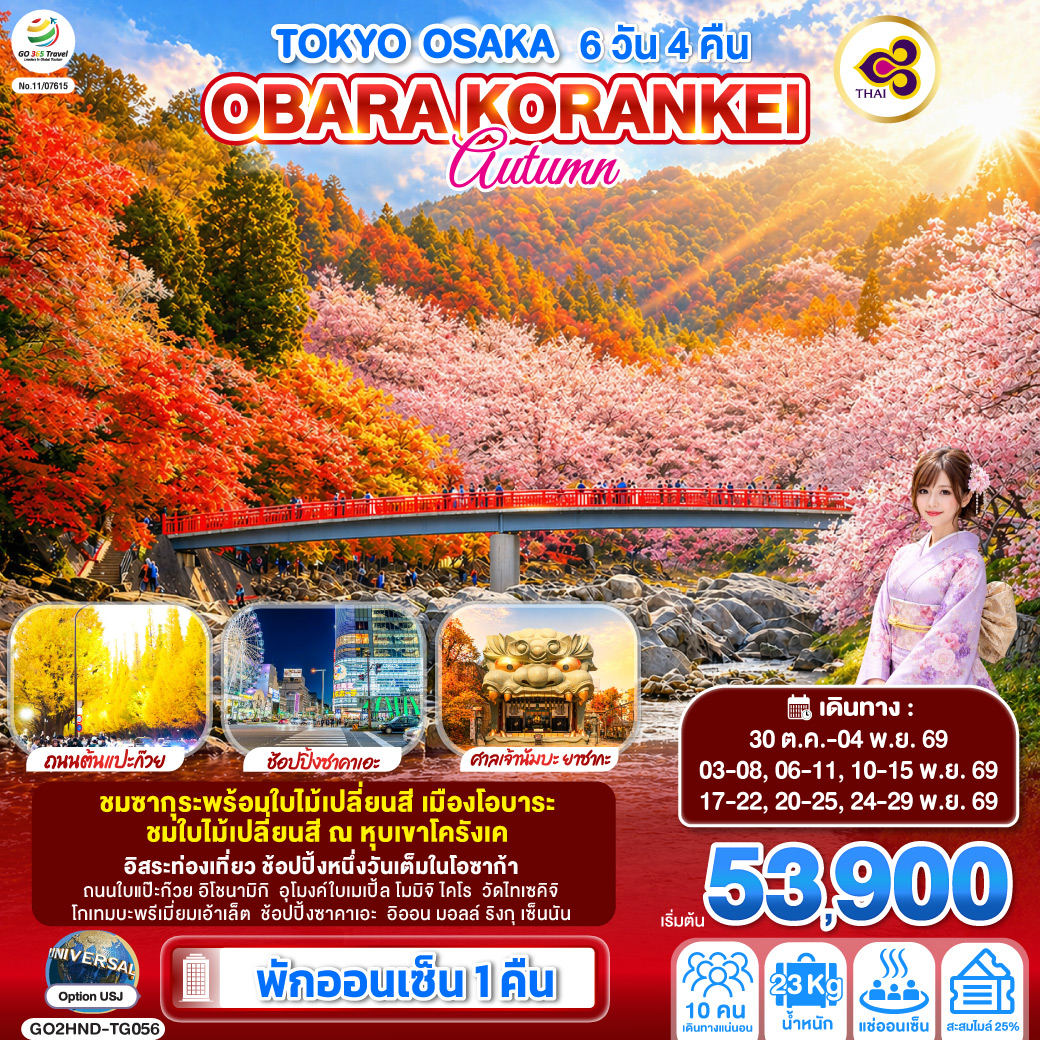 ไฮไลท์ทัวร์-Highlight
ชมซากุระพร้อมใบไม้เปลี่ยนสี เมืองโอบาระ – ชมใบไม้เปลี่ยนสี ณ หุบเขาโครังเค – อิสระท่องเที่ยว ช้อปปิ้งหนึ่งวันเต็มในโอซาก้า – พักออนเซ็น 1 คืน ถนนใบแป๊ะก๊วย อิโชนามิกิ – อุโมงค์ใบเมเปิ้ล โมมิจิ ไคโร – วัดไทเซคิจิ – โกเทมบะพรีเมี่ยมเอ้าเล็ต - ช้อปปิ้งซาคาเอะ - อิออน มอลล์ ริงกุ เซ็นนัน