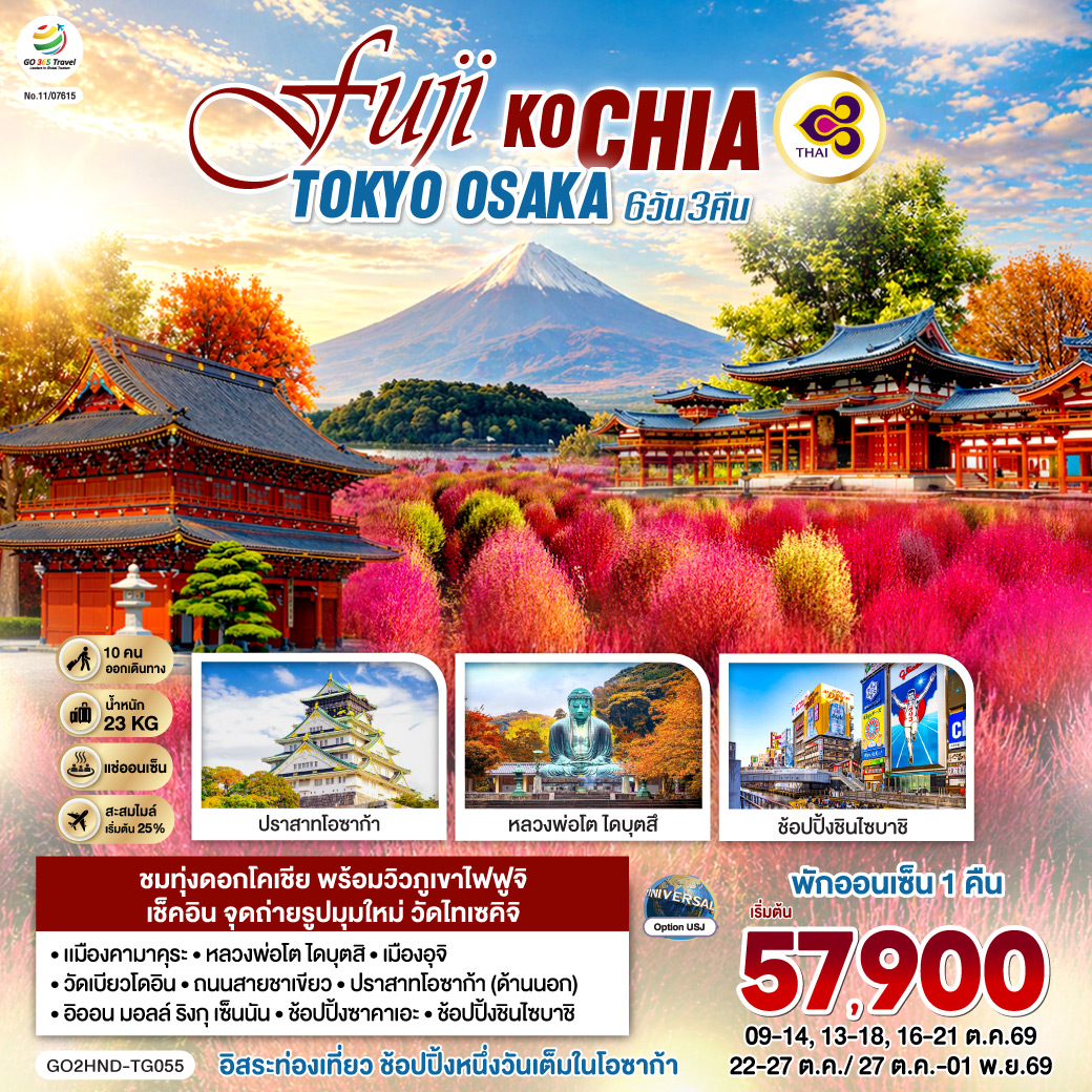 ไฮไลท์ทัวร์-Highlight
ชมทุ่งดอกโคเชีย พร้อมวิวภูเขาไฟฟูจิ  – เช็คอิน จุดถ่ายรูปมุมใหม่ วัดไทเซคิจิ  – อิสระท่องเที่ยว ช้อปปิ้งหนึ่งวันเต็มในโอซาก้า – พักออนเซ็น 1 คืน เมืองคามาคุระ – หลวงพ่อโต ไดบุตสิ – วัดไทเซคิจิ – เมืองอุจิ – วัดเบียวโดอิน – ถนนสายชาเขียว – ปราสาทโอซาก้า (ด้านนอก) – อิออน มอลล์ ริงกุ เซ็นนัน – ช้อปปิ้งซาคาเอะ – ช้อปปิ้งชินไซบาชิ