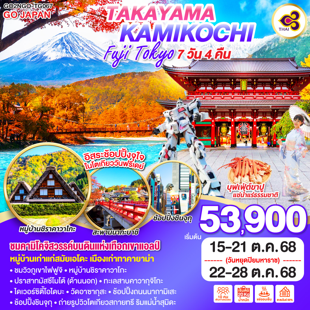 ไฮไลท์ทัวร์-Highlight
ชมคามิโคจิสวรรค์บนดินแห่งเทือกเขาแอลป์ - หมู่บ้านเก่าแก่สมัยเอโดะ เมืองเก่าทาคายาม่า - ชมวิวภูเขาไฟฟูจิ - อิรสระช้อปปิ้งจุใจในโตเกียววันฟรีเดย์ - แช่น้ำแร่ธรรมชาติ + บุฟเฟ่ต์ขาปู - หมู่บ้านชิราคาวาโกะ - ปราสาทมัสซึโมโต้ (ด้านนอก) – ถนนคนเดินนาวาเตะ(ถนนกบ)  - ทะเลสาบคาวากุจิโกะ – ไดเวอร์ซิตี้โอไดบะ - วัดอาซากุสะ – ช้อปปิ้งถนนนากามิเสะ - ถ่ายรูปวิวโตเกียวสกายทรี ริมแม่น้ำสุมิดะ - AEONMALL ARIAKA GARDEN - ช้อปปิ้งชินจุกุ