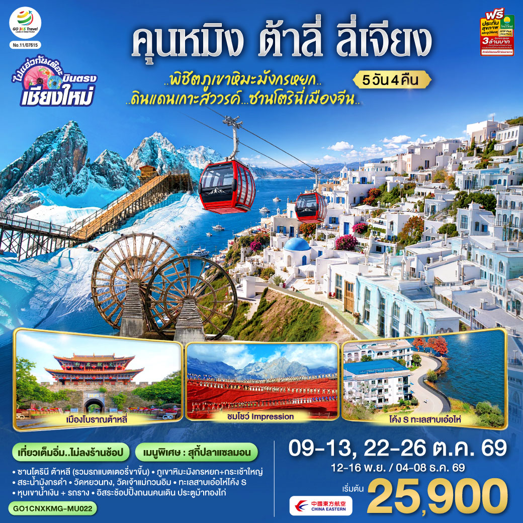 ซานโตรินี ต้าหลี (รวมรถแบตเตอรี่ขาขี้น)|สระน้ำมังกรดำ|เมืองโบราณลีเจียง
|ภูเขาหิมะมังกรหยก+กระเช้าใหญ่|โชว์ Impression|หุบเขาน้ำเงิน + รถราง
|เมืองโบราณต้าหลี่|วัดหยวนทง|วัดเจ้าแม่กวนอิม| ทะเลสาบเอ๋อไห่โค้ง S
|อิสระช้อปปิ้งถนนคนเดิน ประตูม้าทองไก่