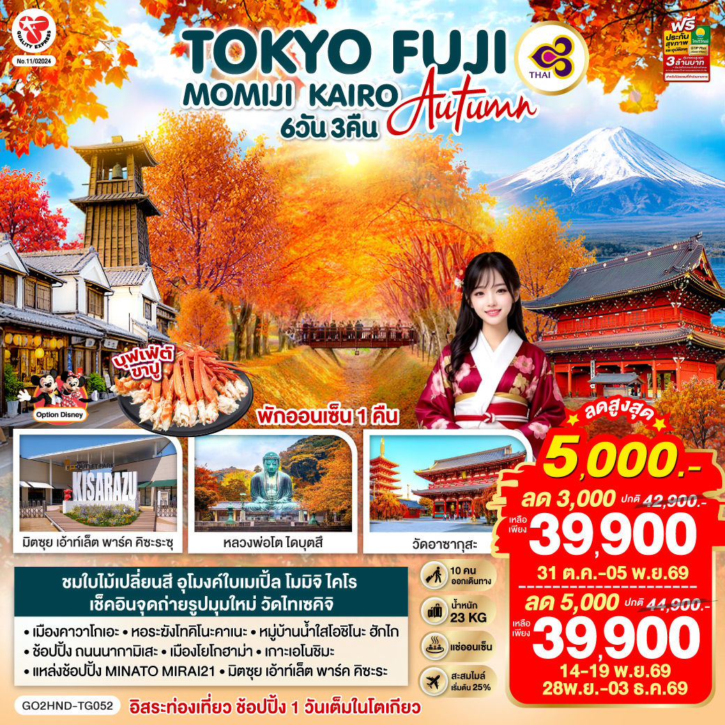 TOKYO FUJI MOMIJI KAIRO AUTUMN อุโมงค์ใบเมเปิ้ล 6D 3N  โดยสายการบินไทย [TG]
