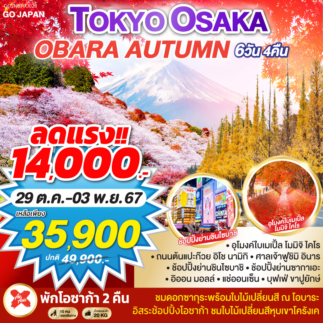 HIGHLIGHT
ชมดอกซากุระพร้อมใบไม้เปลี่ยนสี ณ โอบาระ
ชมใบไม้เปลี่ยนสีหุบเขาโครังเค / พักโอซาก้า 2 คืน 
อุโมงค์ใบเมเปิ้ล โมมิจิ ไคโร / ถนนต้นแปะก๊วย อิโช นามิกิ / ศาลเจ้าฟูชิมิ อินาริ / ช้อปปิ้งย่านชินไซบาชิ / ช้อปปิ้งย่านซากาเอะ / อิออน มอลล์ / แช่ออนเซ็น/ บุฟเฟ่ ขาปูยักษ์