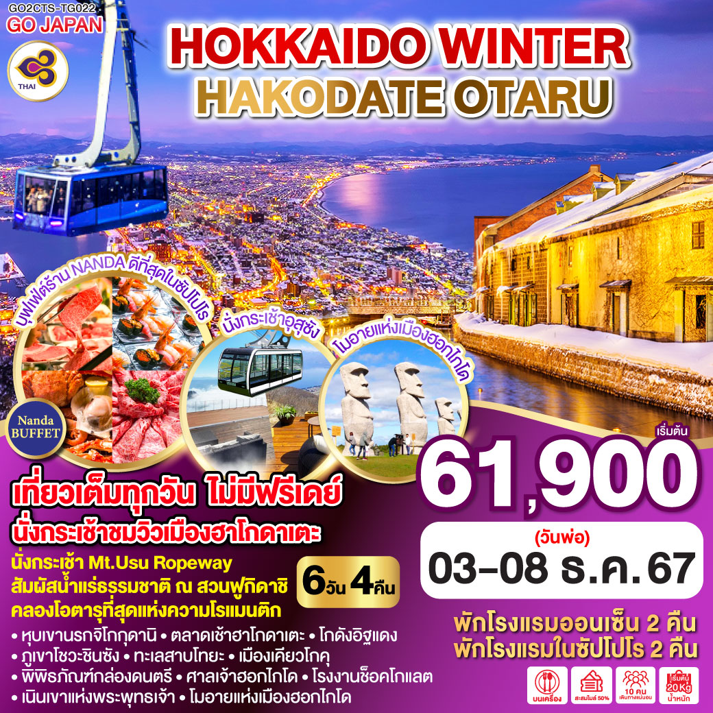 HOKKAIDO WINTER HAKODATE OTARU 6D 4N โดยสายการบินไทย [TG]