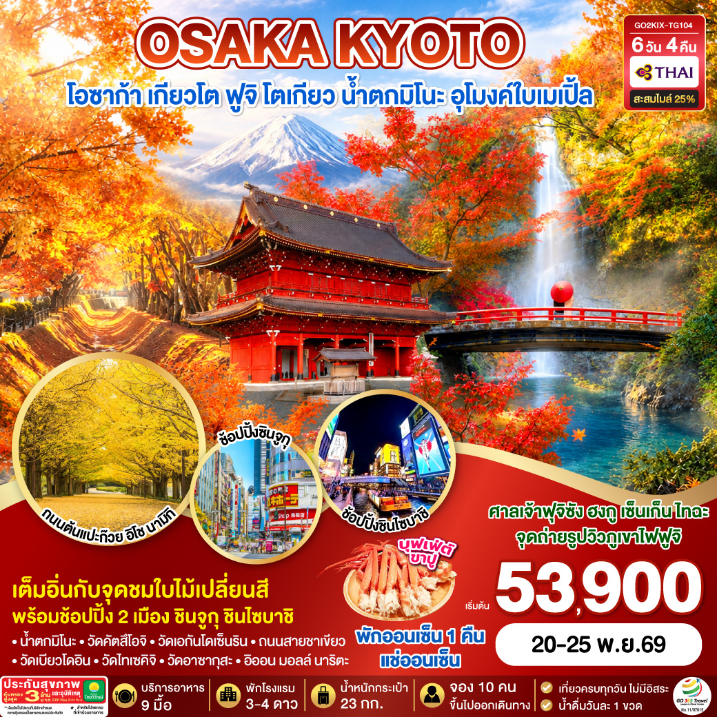 OSAKA TOKYO โอซาก้า เกียวโต ฟูจิ โตเกียว น้ำตกมิโนะ อุโมงค์ใบเมเปิ้ล 6D 4N โดยสายการบินไทย [TG]