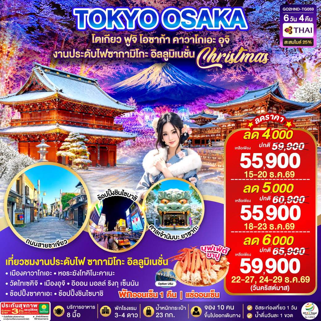 TOKYO OSAKA โตเกียว ฟูจิ โอซาก้า คาวาโกเอะ อุจิ งานประดับไฟซากามิโกะ อิลลูมิเนชั่น 6D 4N โดยสายการบินไทย [TG]