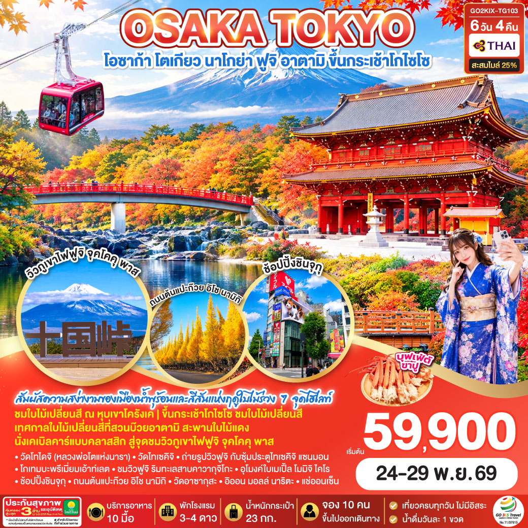 OSAKA TOKYO โอซาก้า โตเกียว นาโกย่า ฟูจิ อาตามิ ขึ้นกระเช้าโกไซโซ 6D 4N โดยสายการบินไทย [TG]