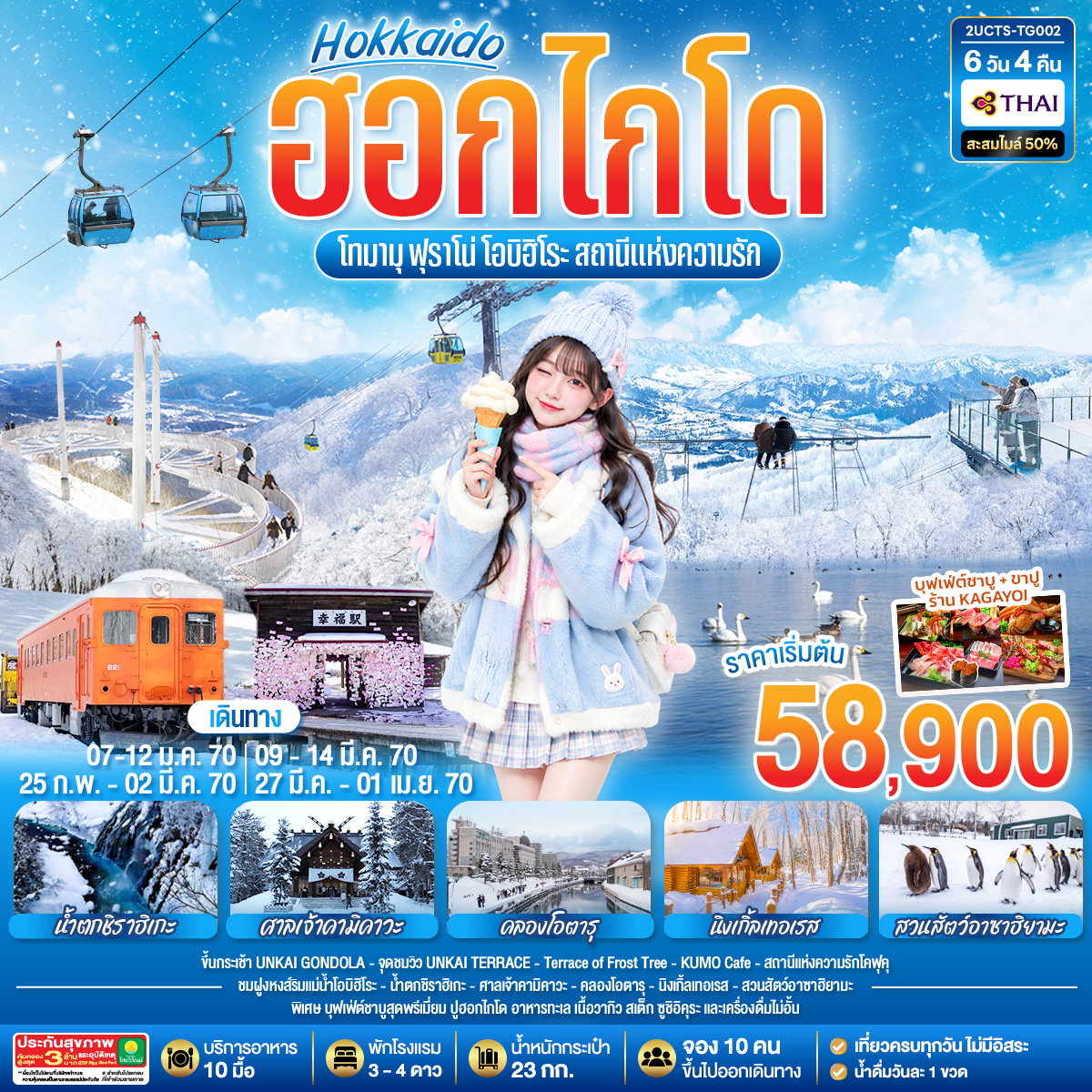 ฮอกไกโด โทมามุ ฟุราโน่ โอบิฮิโระ  สถานีแห่งความรัก 6 วัน 4 คืน โดยสายการบินไทย (TG)
