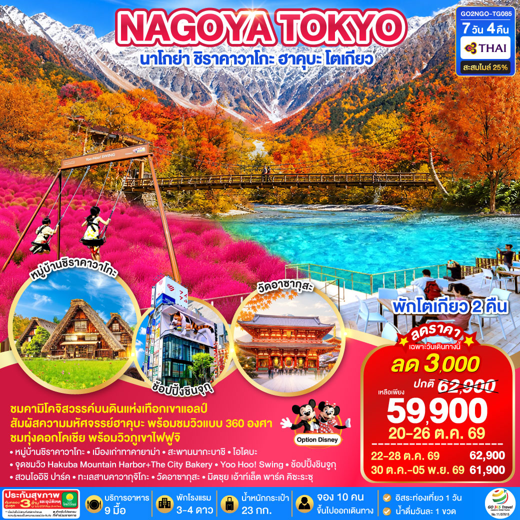 NAGOYA TOKYO นาโกย่า ชิราคาวาโกะ ฮาคุบะ โตเกียว 7D 4N โดยสายการบินไทย [TG]