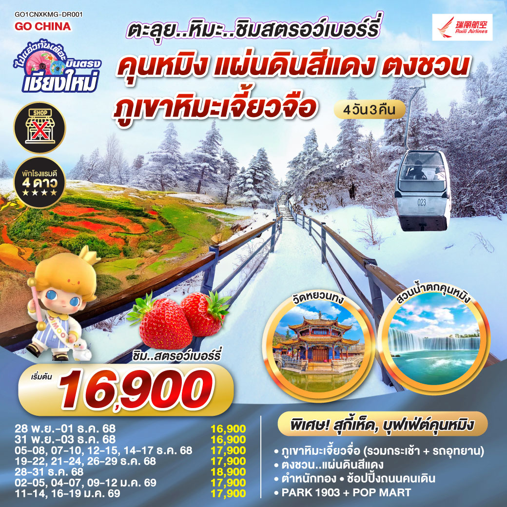 - เมืองโบราณต้าหลี่, วัดเจ้าแม่กวนอิม
- เมืองโบราณลี่เจี่ยง,หุบเขาน้ำเงิน + รวมรถราง
- ภูเขาหิมะมังกรหยก + กระเช้าใหญ่, โชว์ Impression
-เมืองโบราณไป๋ซา ชมวิวภูเขาหิมะมังกรหยก
- นั่งรถไฟความเร็วสูง 1 เที่ยว + รถขนกระเป๋า
- ตำหนักทอง, สวนน้ำตก, วัดหยวนทง
- อิสระช้อปปิ้ง + POP MART, PARK1903
** เที่ยวเต็มอิ่ม..ไม่ลงร้านช้อป**
** เมนูพิเศษ : สุกี้ปลาแซลมอน,อาหารหูหนาน,บุฟเฟ่ต์คุนหมิง