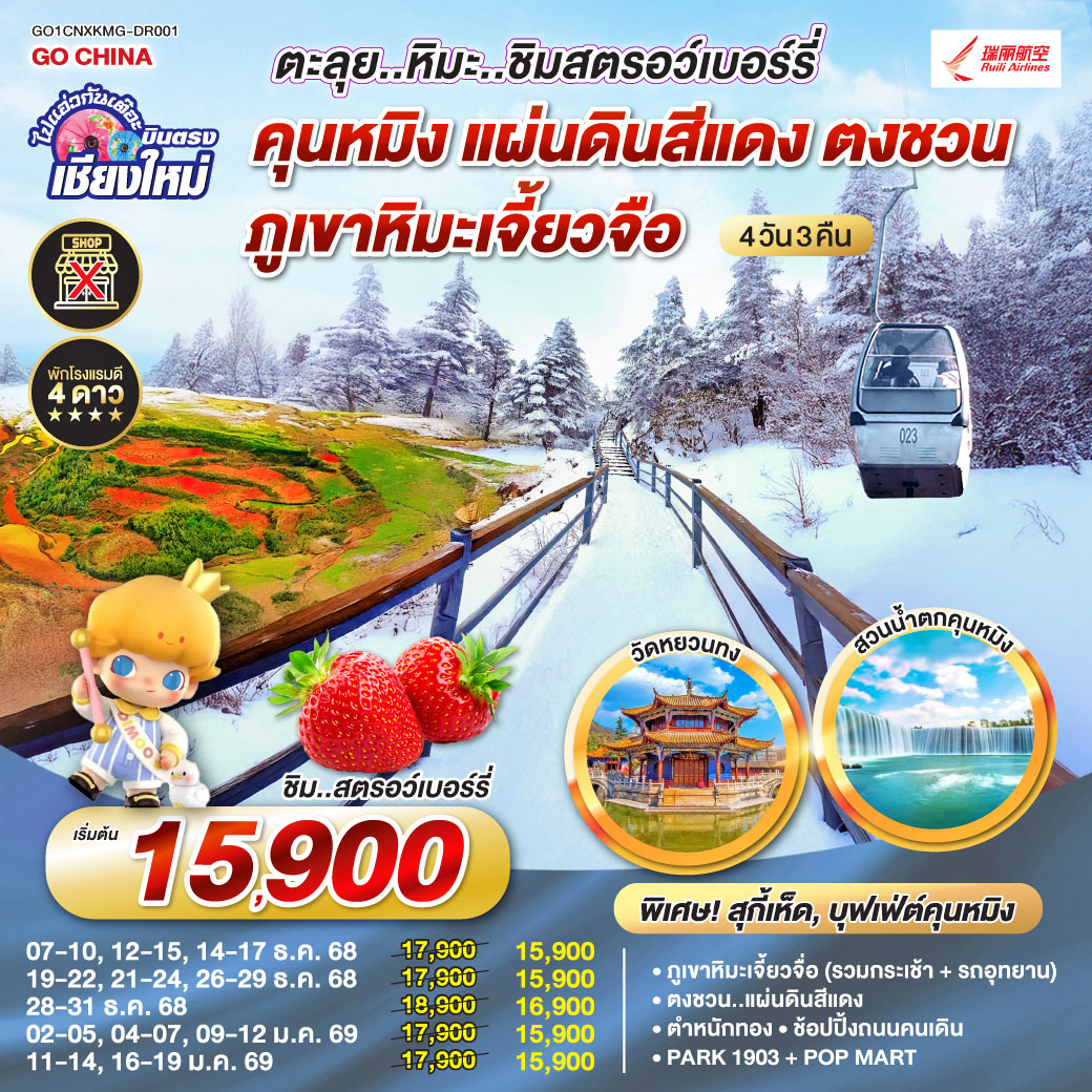 ภูเขาหิมะเจี้ยวจื่อ (รวมกระเช้า + รถอุทยาน)|ตงชวน..แผนดินสีแดง
 |ชิมสตอว์เบอร์รี่|ตำหนักทองจินเตี้ยน |ช้อปปิ้งถนนคนเดิน 
| Park 1903 + POP Mart|วัดหยวนทง