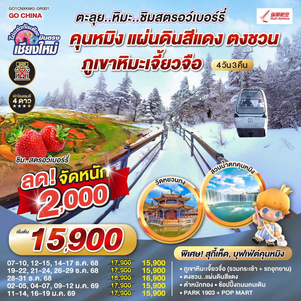 ภูเขาหิมะเจี้ยวจื่อ (รวมกระเช้า + รถอุทยาน)|ตงชวน..แผนดินสีแดง
 |ชิมสตอว์เบอร์รี่|ตำหนักทองจินเตี้ยน |ช้อปปิ้งถนนคนเดิน 
| Park 1903 + POP Mart|วัดหยวนทง