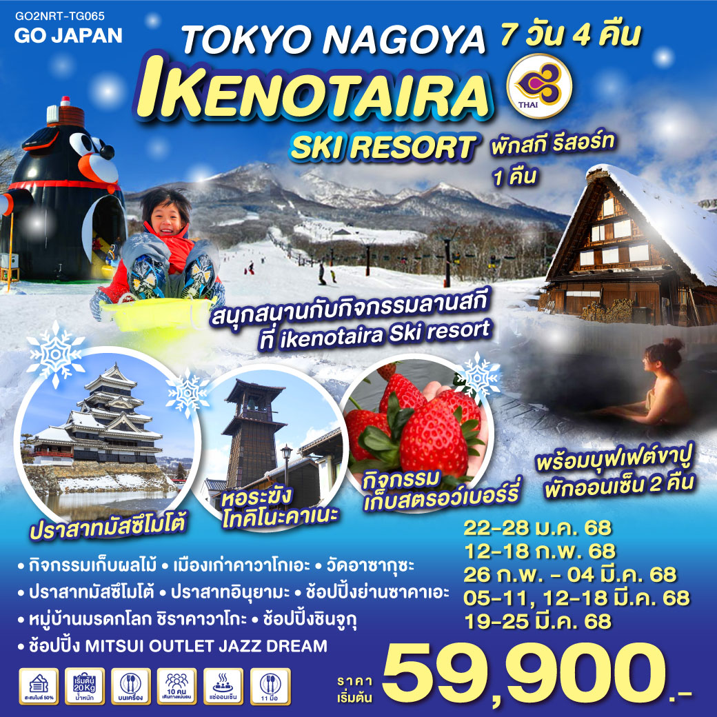 TOKYO NAGOYA IKENOTAIRA SKI RESORT 7D 4N โดยสายการบินไทย [TG]