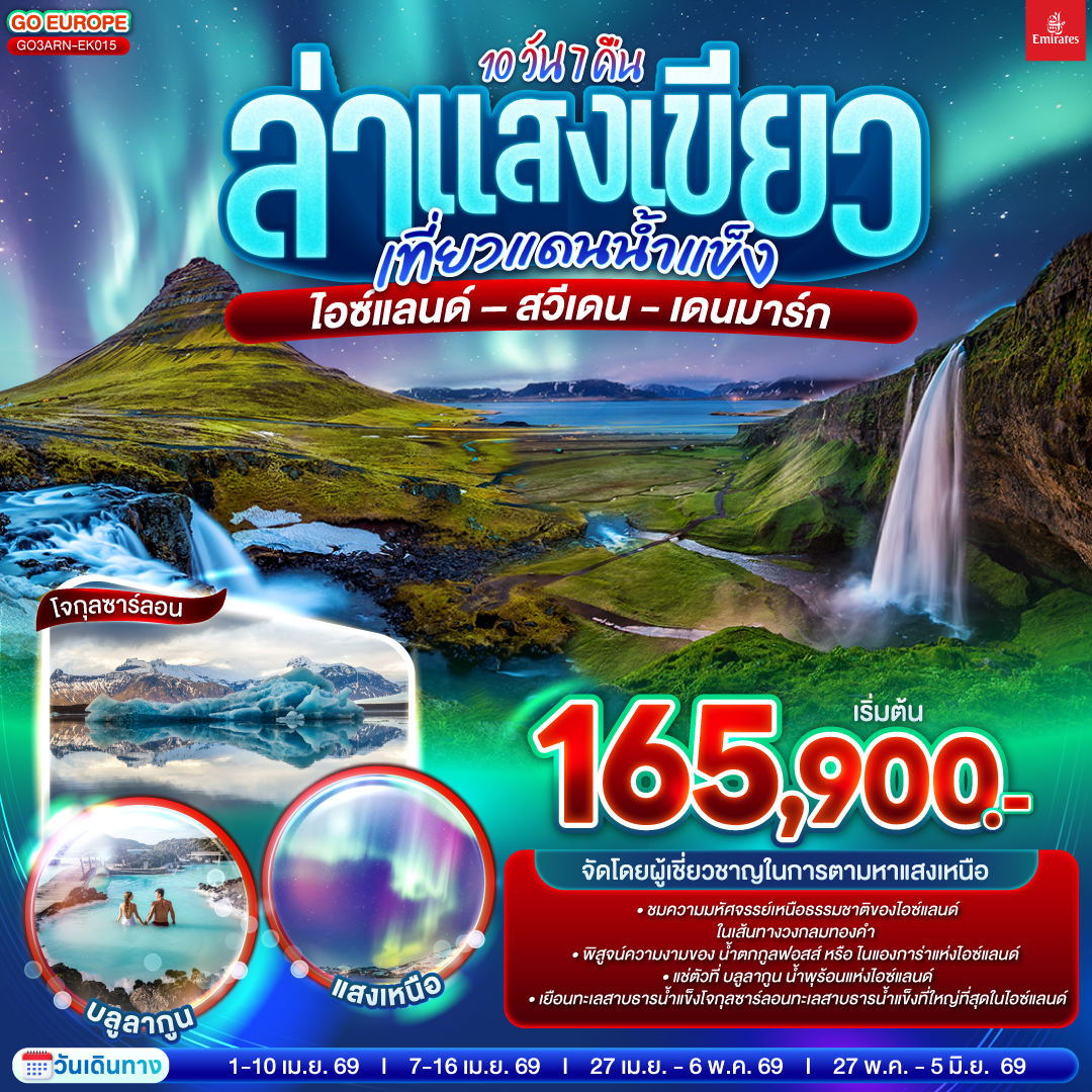 กรุงสต๊อกโฮล์ม (สวีเดน) - ชมเมืองเก่า – สนามบินสต๊อกโฮล์ม – สนามบินเคฟลาวิค กรุงเรคยาวิค - เส้นทางวงกลมทองคำ อุทยานแห่งชาติซิงเควลลิร์  - น้ำพุร้อนธรรมชาติ - น้ำตกกูลฟอสส์  - เฮลล่า - น้ำตกเซลยาแลนส์ - น้ำตกสโกการ์ - หมู่บ้านวิค – ดิร์โฮเลย์ - หายทรายสีดำ – โจกุลซาร์ลอน – ทุ่งลาวา  - โจกุลซาร์ลอน - หาดทรายน้ำแข็งไดมอนด์บีช – อุทยานแห่งชาติสเกฟตาเฟลล์ - เรคยาวิค - หมู่บ้านอาร์นาสตาปิ – ภูเขาไฟเคิร์กจูเฟล  - โคเปนเฮเก้น (เดนมาร์ก) – เงือกน้อย - น้ำพุเกฟิออน - ย่านท่าเรือนูฮาวน์  -ย่านถนนสตรอยก์