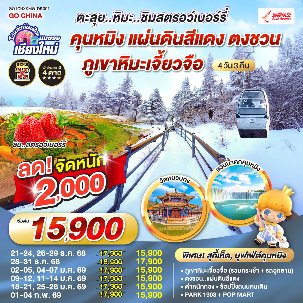 ภูเขาหิมะเจี้ยวจื่อ (รวมกระเช้า + รถอุทยาน)|ตงชวน..แผนดินสีแดง
 |ชิมสตอว์เบอร์รี่|ตำหนักทองจินเตี้ยน |ช้อปปิ้งถนนคนเดิน 
| Park 1903 + POP Mart|วัดหยวนทง