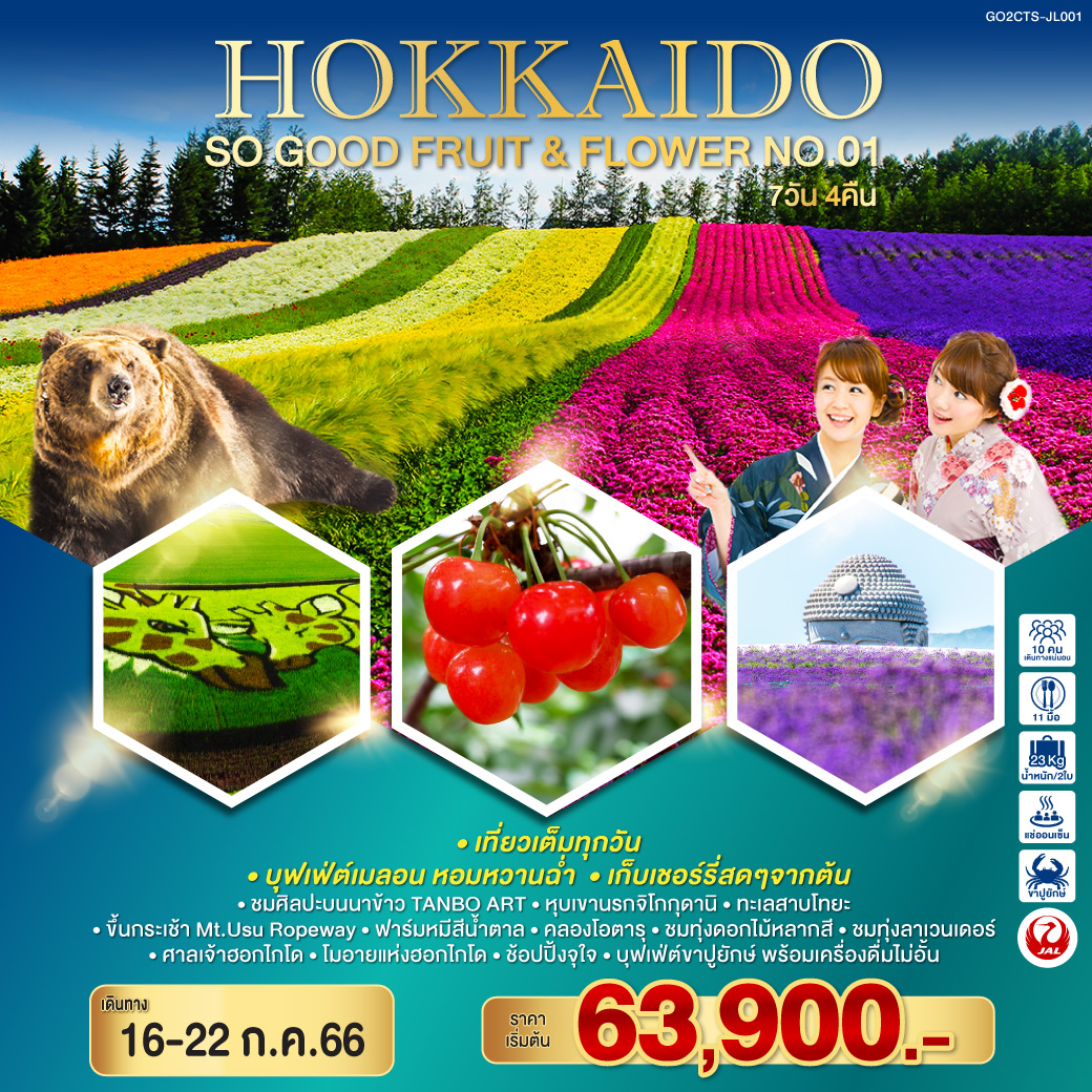 เที่ยวเต็มทุกวัน - บุฟเฟ่ต์เมลอน หอมหวานฉ่ำ - เก็บเชอร์รีสดๆจากต้น - ชมศิลปะบนนาข้าว TANBO ART - หุบเขานรกจิโกกุดานิ – ทะเลสาบโทยะ - ขึ้นกระเช้า Mt.Usu Ropeway – ฟาร์มหมีสีน้ำตาล - คลองโอตารุ -  ชมทุ่งดอกไม้หลากสี - ชมทุ่งลาเวนเดอร์ - ศาลเจ้าฮอกไกโด - โมอายแห่งฮอกไกโด - ช้อปปิ้งจุใจ - บุฟเฟ่ต์ขาปูยักษ์ พร้อมเครื่องดื่มไม่อั้น
