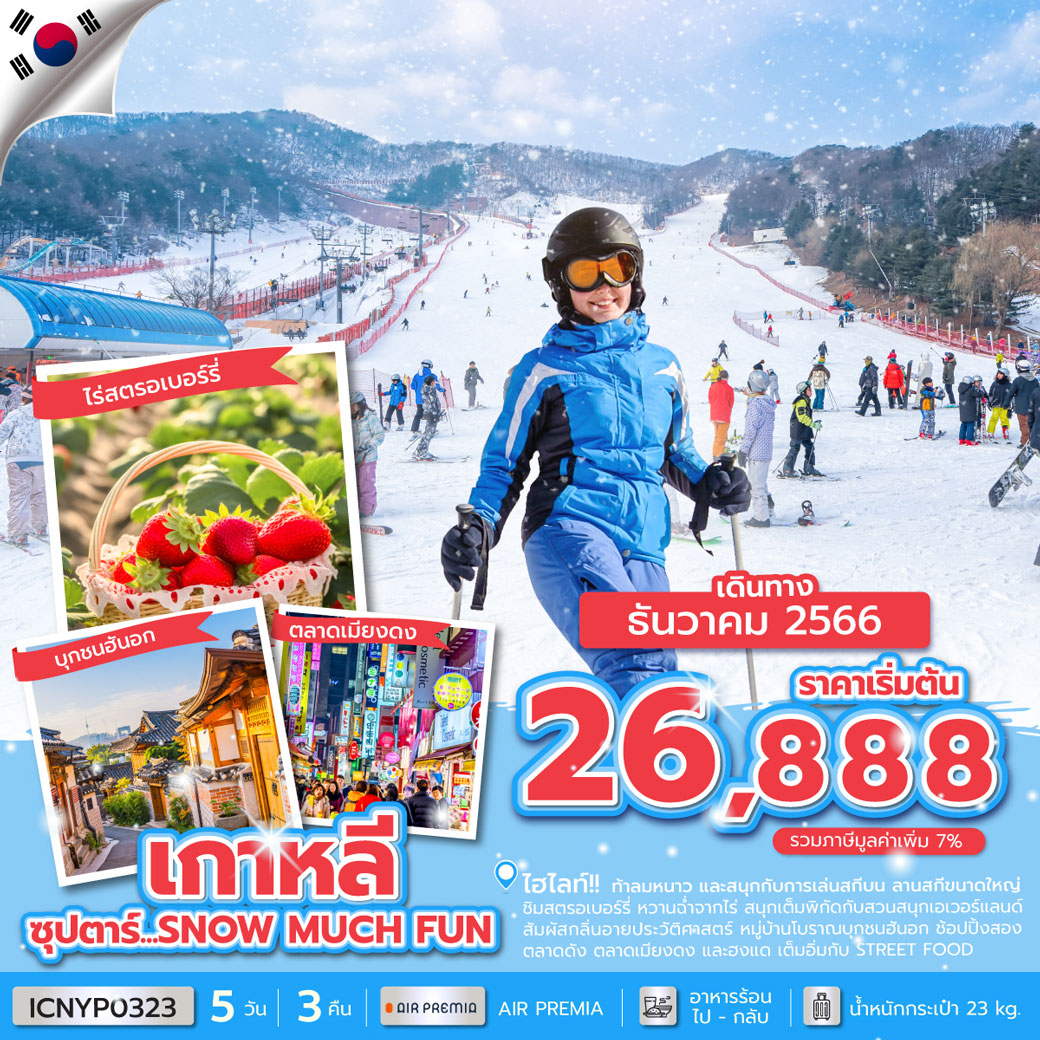| ท้าลมหนาว และสนุกกับการเล่นสกีบน ลานสกีขนาดใหญ่
| ชิม สตรอเบอร์รี่ สดๆหวานฉ่ำจากไร่
| สนุกเต็มพิกัด กับ สวนสนุกเอเวอร์แลนด์
| สัมผัสกลิ่นอายประวัติศาสตร์ หมู่บ้านโบราณบุกชนฮันอก
| ช้อปปิ้งสองตลาดดัง ตลาดเมียงดง และฮงแด เต็มอิ่มกับ STREET FOOD KOREA ซุปตาร์...SNOW MUCH FUN 5 วัน 3 คืน โดยสายการบิน Air Premia (YP)