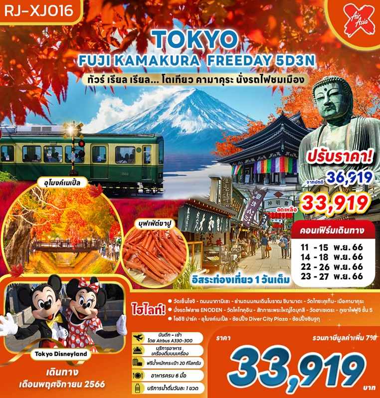 TOKYO FUJI KAMAKURA FREEDAY ทัวร์ เรียล เรียล... โตเกียว คามาคุระ นั่งรถไฟชมเมือง 5วัน 3คืน โดยสายการบิน Thai Air Asia X (XJ)