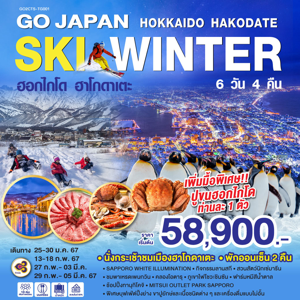 HOKKAIDO HAKODATE SKI WINTER 6D 4N  โดยสายการบินไทย [TG]